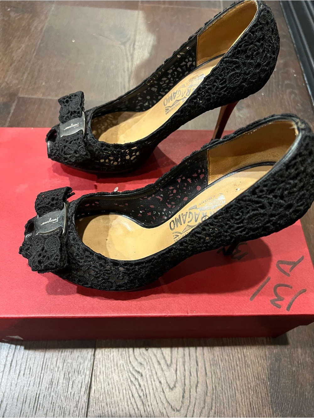 Salvatore Ferragamo Black Lace Bow Peep-Toe Pumps with Red Sole